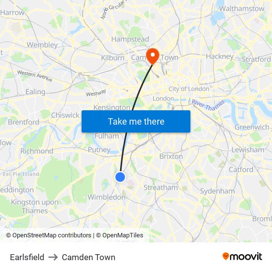 Earlsfield to Camden Town map