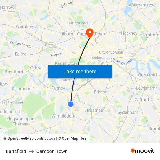 Earlsfield to Camden Town map