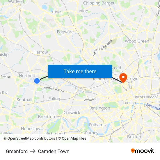 Greenford to Camden Town map