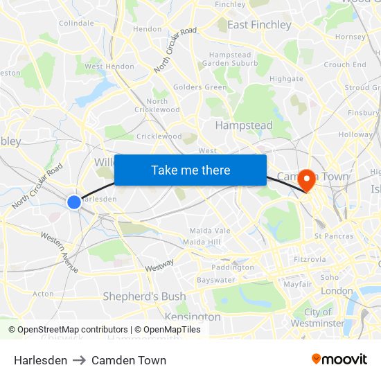 Harlesden to Camden Town map