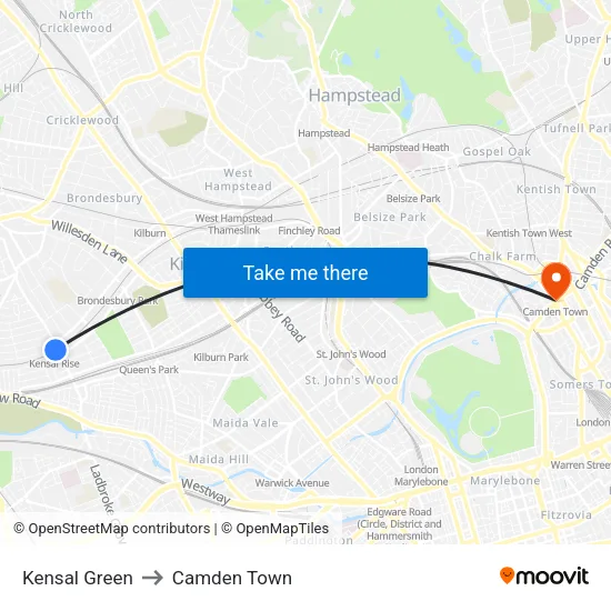 Kensal Green to Camden Town map