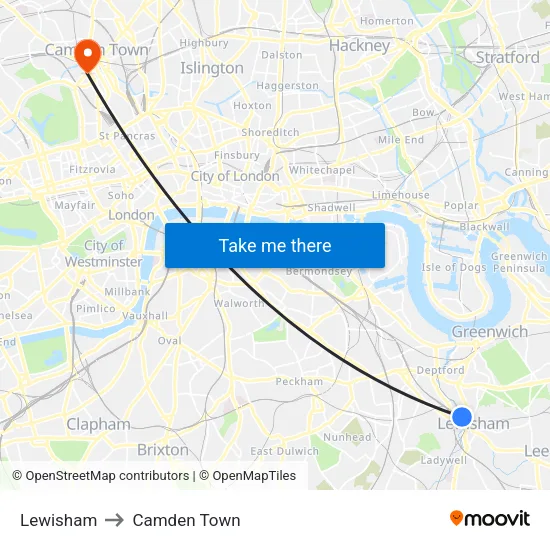 Lewisham to Camden Town map