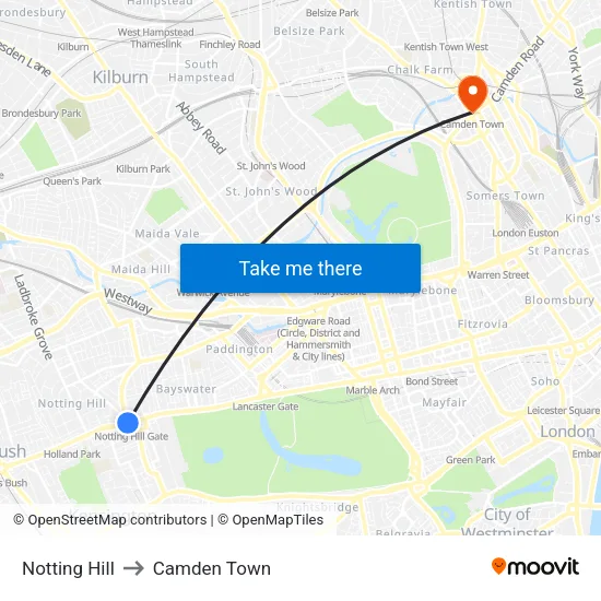 Notting Hill to Camden Town map