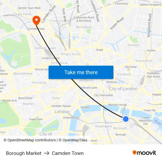 Borough Market to Camden Town map