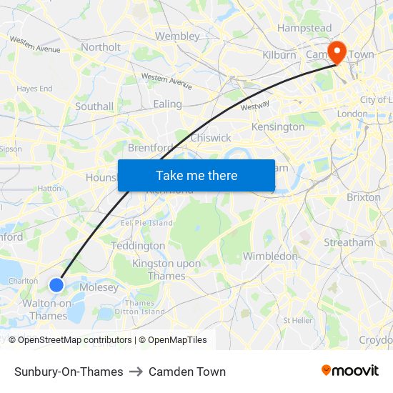 Sunbury-On-Thames to Camden Town map