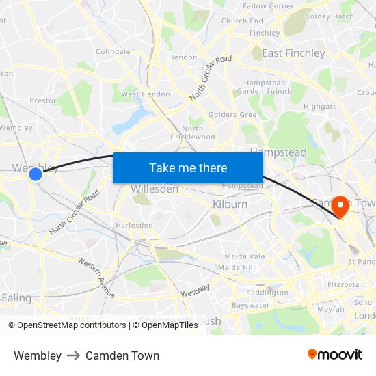 Wembley to Camden Town map