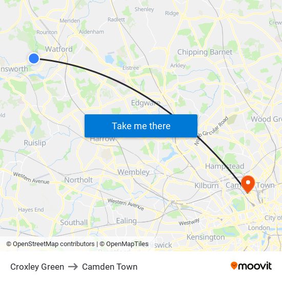 Croxley Green to Camden Town map