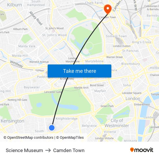 Science Museum to Camden Town map