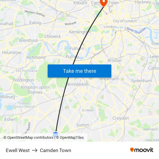 Ewell West to Camden Town map