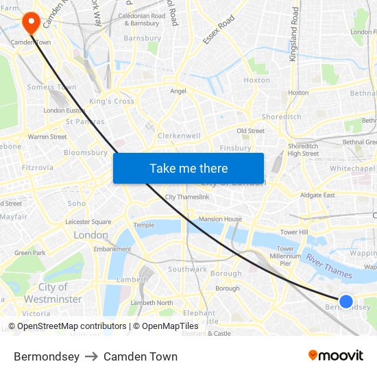 Bermondsey to Camden Town map