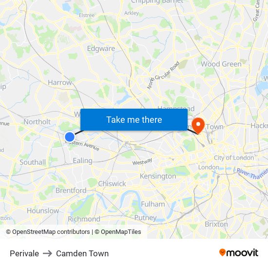 Perivale to Camden Town map