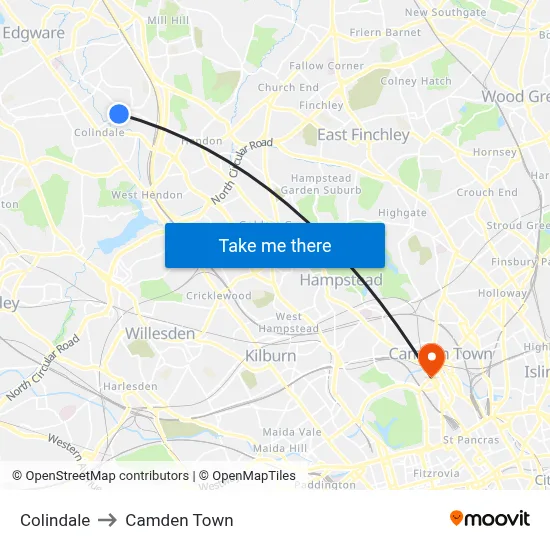 Colindale to Camden Town map