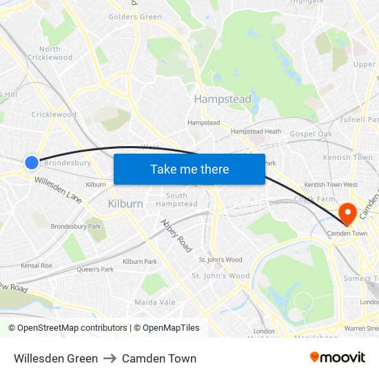 Willesden Green to Camden Town map