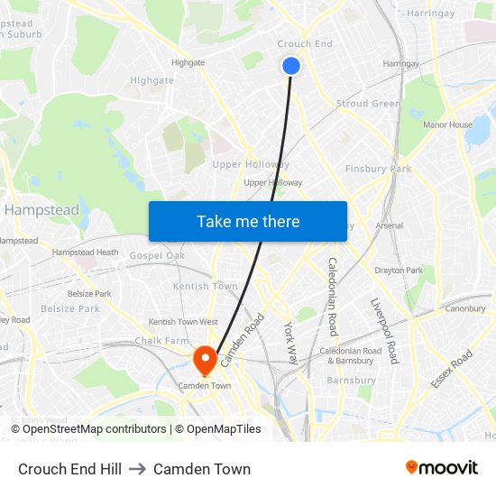 Crouch End Hill to Camden Town map