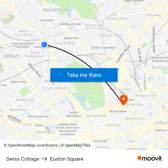 Swiss Cottage to Euston Square map