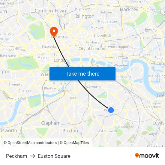 Peckham to Euston Square map