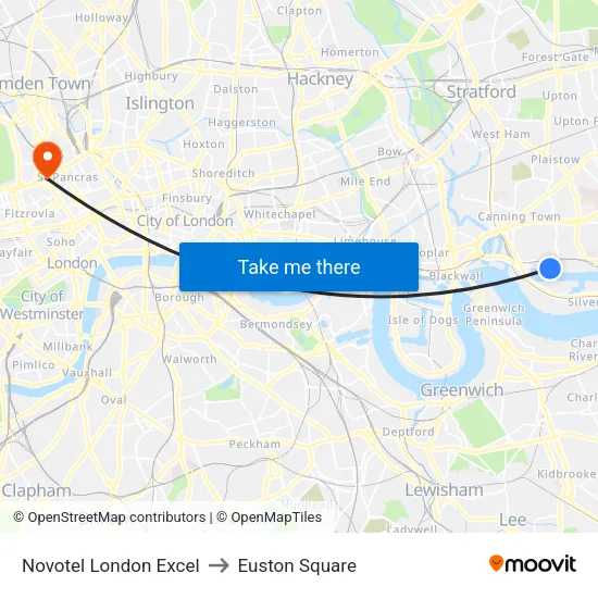 Novotel London Excel to Euston Square map