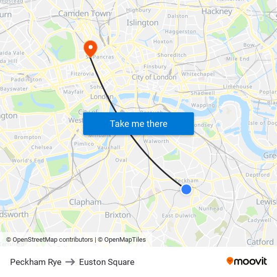 Peckham Rye to Euston Square map