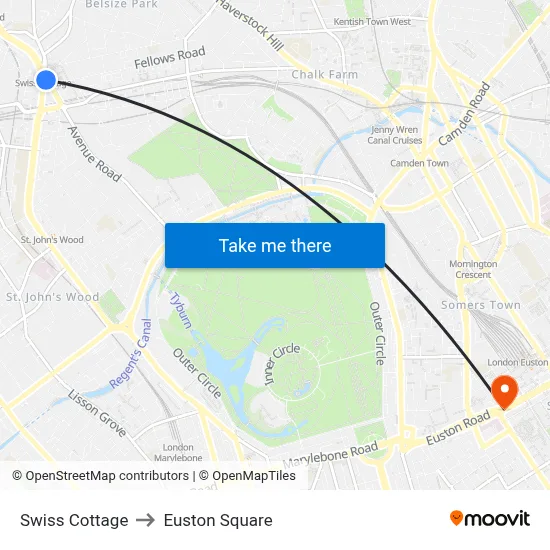 Swiss Cottage to Euston Square map