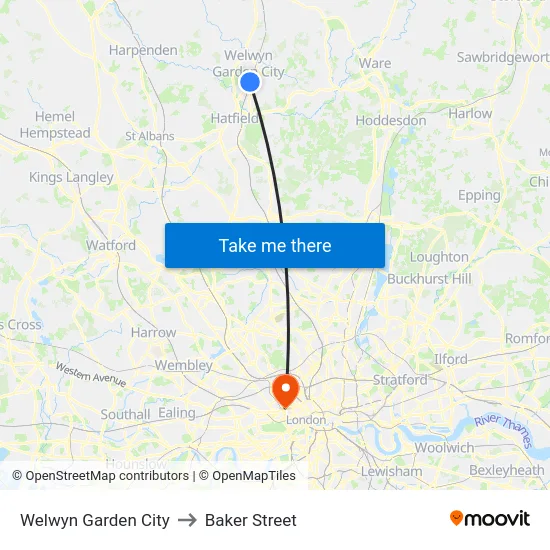 Welwyn Garden City to Baker Street map