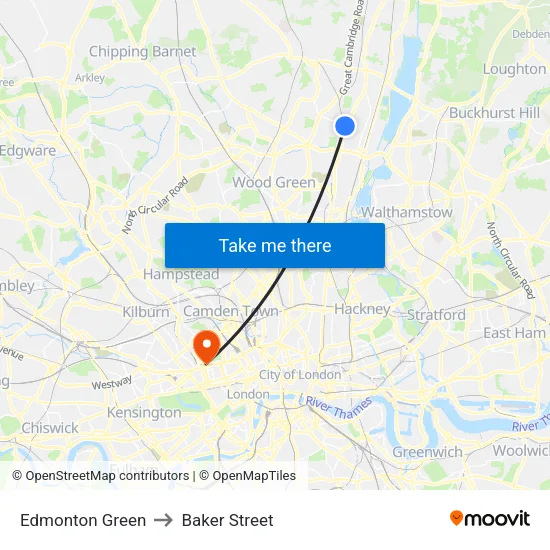 Edmonton Green to Baker Street map