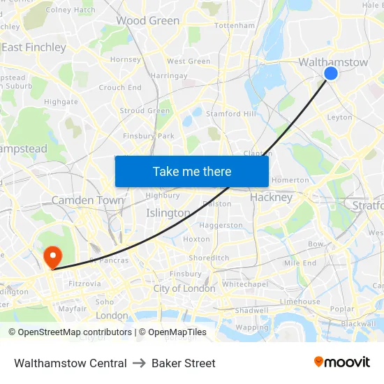 Walthamstow Central to Baker Street map