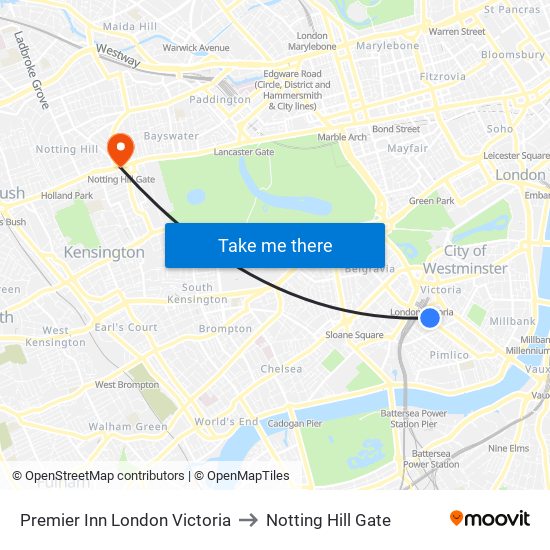 Premier Inn London Victoria to Notting Hill Gate map