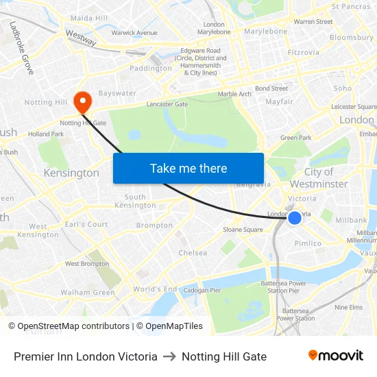 Premier Inn London Victoria to Notting Hill Gate map