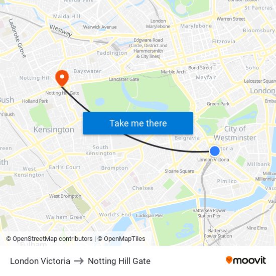 London Victoria to Notting Hill Gate map