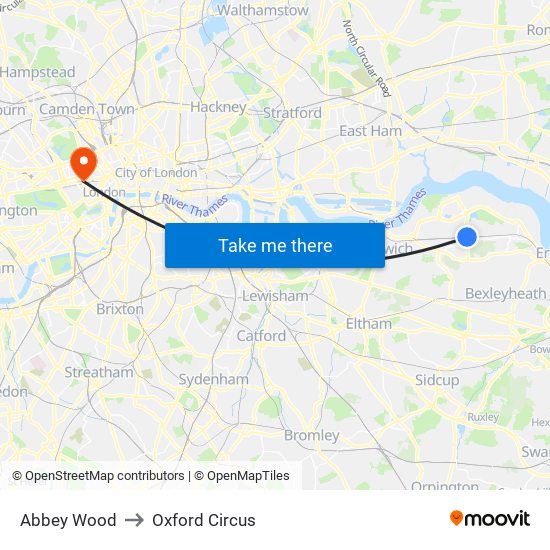 Abbey Wood to Oxford Circus map