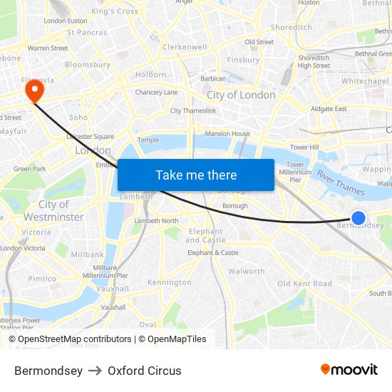 Bermondsey to Oxford Circus map