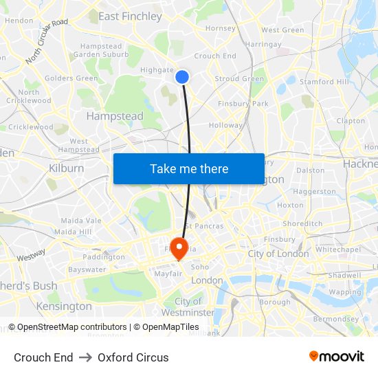 Crouch End to Oxford Circus map