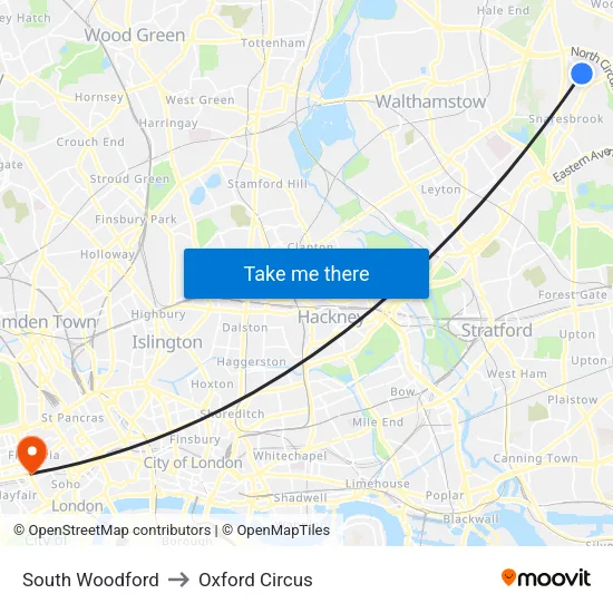 South Woodford to Oxford Circus map