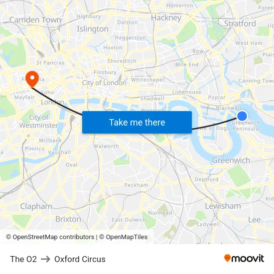 The O2 to Oxford Circus map