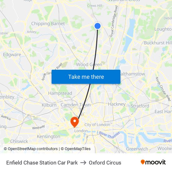 Enfield Chase Station Car Park to Oxford Circus map