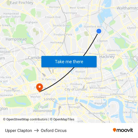 Upper Clapton to Oxford Circus map