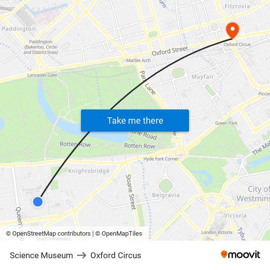 Science Museum to Oxford Circus map