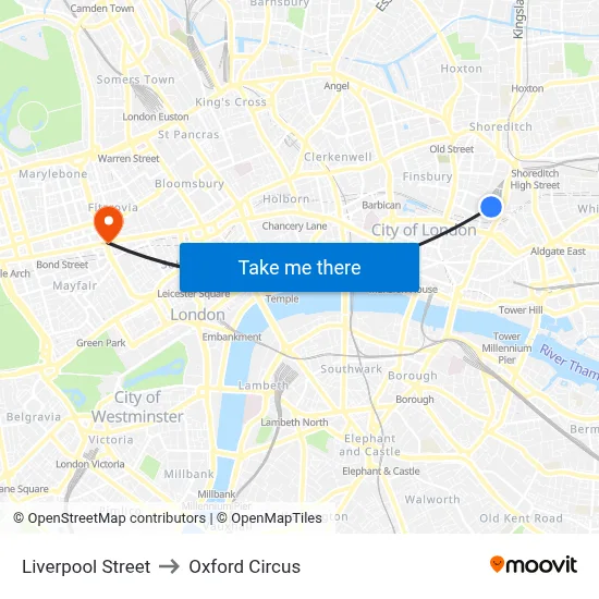 Liverpool Street to Oxford Circus map