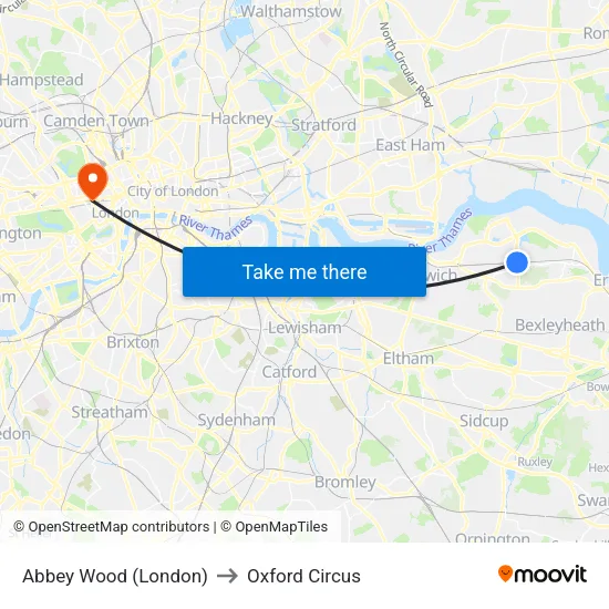 Abbey Wood (London) to Oxford Circus map