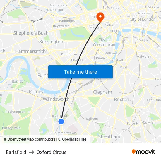 Earlsfield to Oxford Circus map
