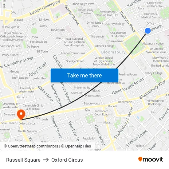 Russell Square to Oxford Circus map