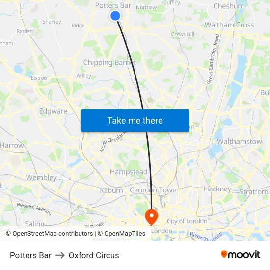 Potters Bar to Oxford Circus map