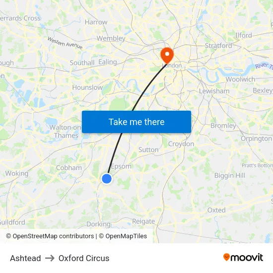 Ashtead to Oxford Circus map