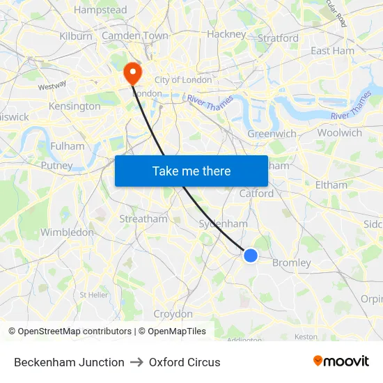 Beckenham Junction to Oxford Circus map