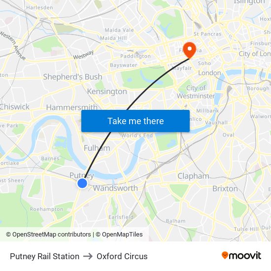 Putney Rail Station to Oxford Circus map