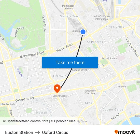 Euston Station to Oxford Circus map