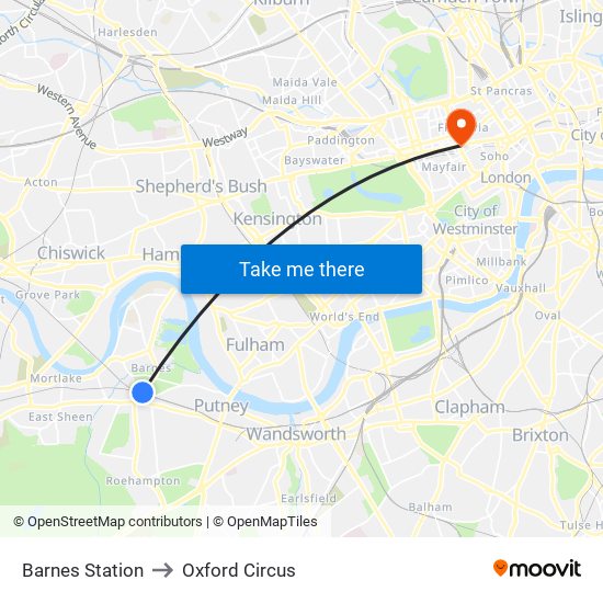 Barnes Station to Oxford Circus map