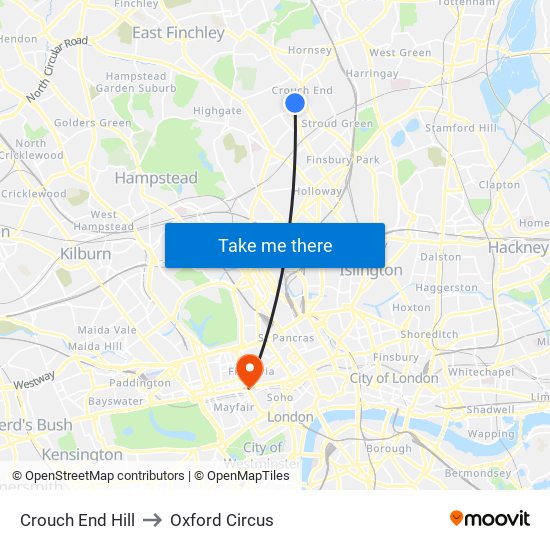 Crouch End Hill to Oxford Circus map