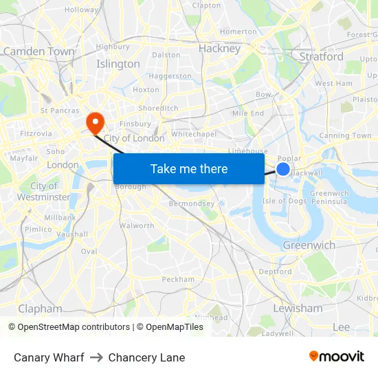 Canary Wharf to Chancery Lane map