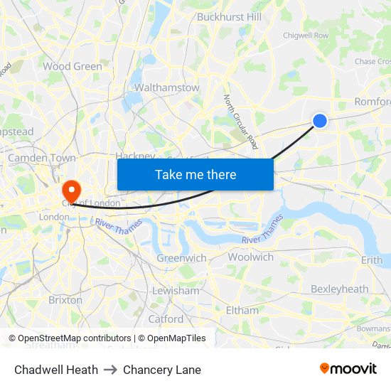 Chadwell Heath to Chancery Lane map